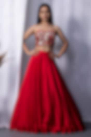 Red Bemberg Silk Draped Jacket  dulhan bday 22 may Lehenga Set by KANIKA VERMA at Pernia's Pop Up Shop