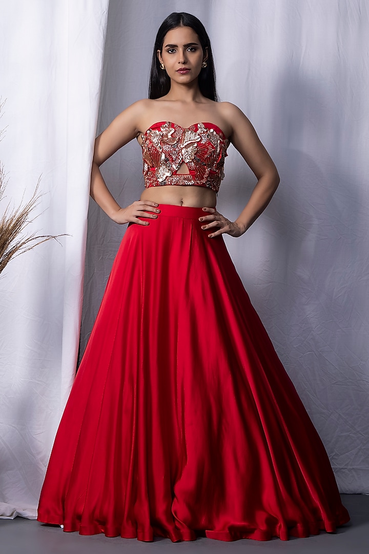 Red Bemberg Silk Draped Jacket  dulhan bday 22 may Lehenga Set by KANIKA VERMA at Pernia's Pop Up Shop