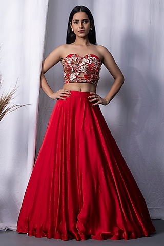Red Bemberg Silk Draped Jacket Lehenga Set by KANIKA VERMA