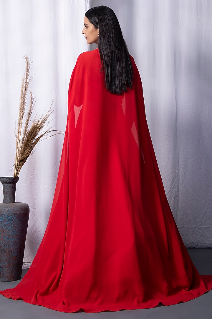 Red Bemberg Silk Draped Jacket Wedding Lehenga Set by KANIKA VERMA at Pernia's Pop Up Shop