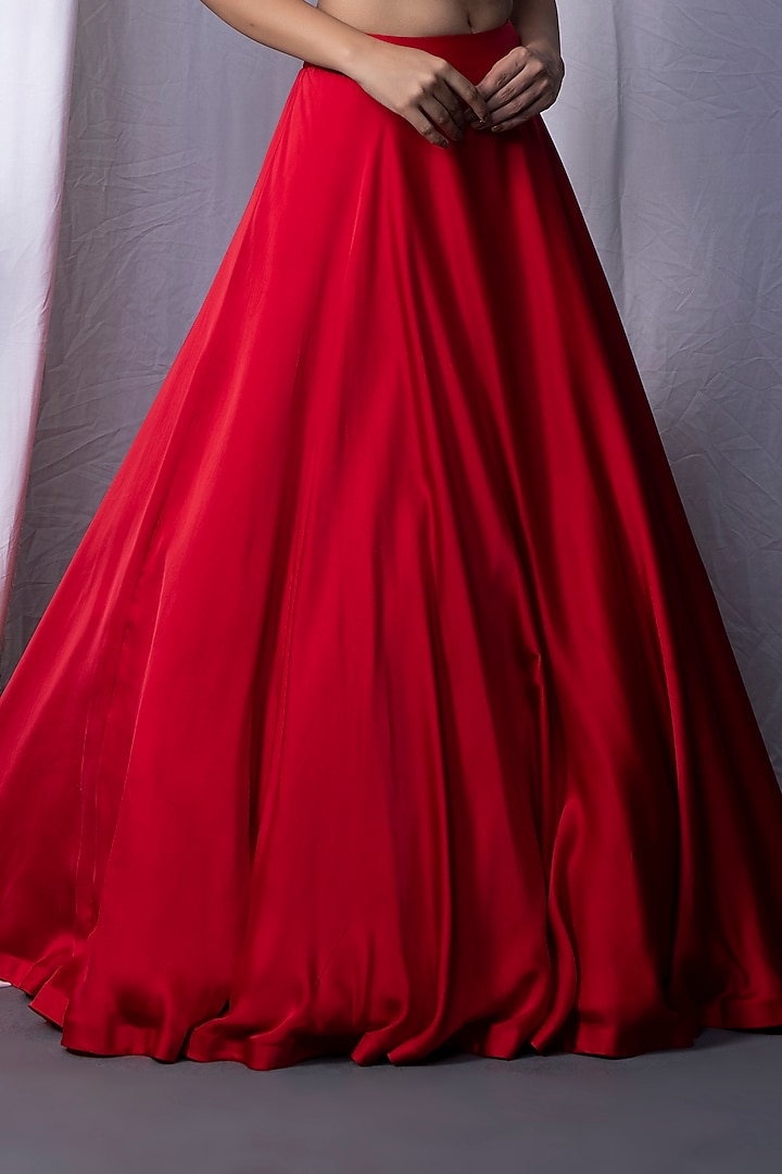Red Bemberg Silk Draped Jacket Wedding Lehenga Set by KANIKA VERMA at Pernia's Pop Up Shop