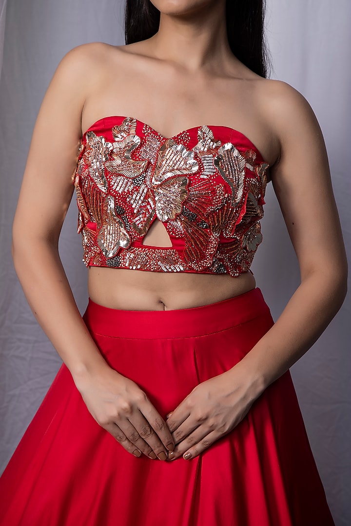Red Bemberg Silk Draped Jacket Wedding Lehenga Set by KANIKA VERMA at Pernia's Pop Up Shop