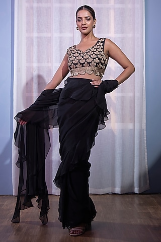 Black Pure Organza Ruffled Draped Saree Set by KANIKA VERMA