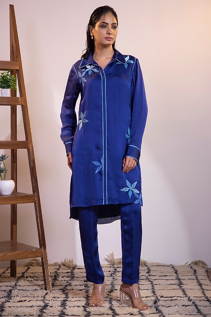 Blue Rich Satin Sequin Embroidered Co-Ord Set by KANIKA VERMA at Pernia's Pop Up Shop