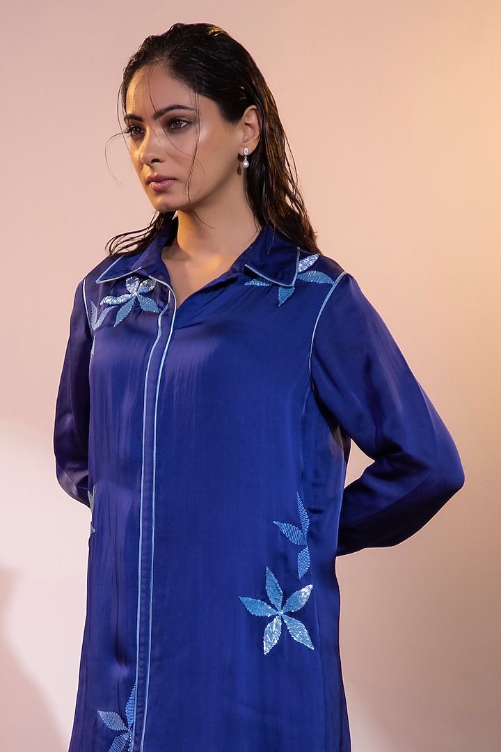 Blue Rich Satin Sequin Embroidered Co-Ord Set by KANIKA VERMA at Pernia's Pop Up Shop