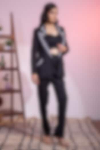Black Banana Crepe Swarovski Hand Embroidered Blazer Set by KANIKA VERMA at Pernia's Pop Up Shop