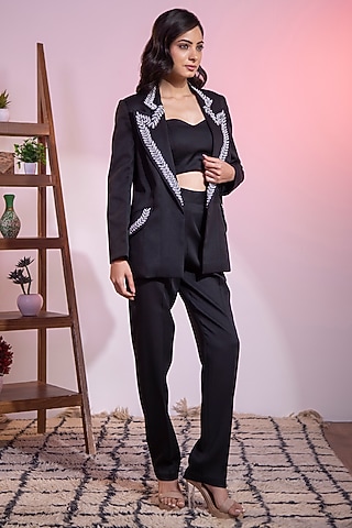 Black Banana Crepe Swarovski Hand Embroidered Blazer Set by KANIKA VERMA