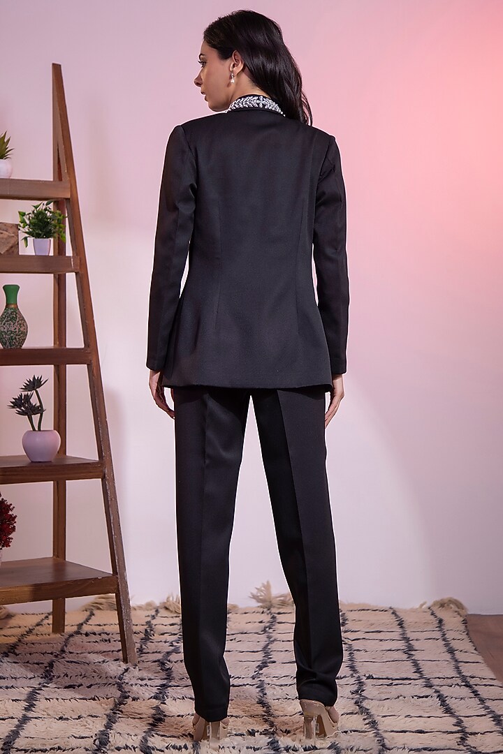 Black Banana Crepe Swarovski Hand Embroidered Blazer Set by KANIKA VERMA at Pernia's Pop Up Shop