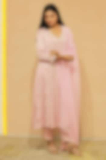Pink Modal Satin Pearl Hand Embroidered A-Line Kurta Set by KANIKA VERMA at Pernia's Pop Up Shop