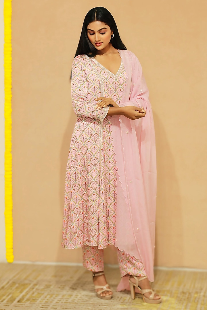 Pink Modal Satin Pearl Hand Embroidered A-Line Kurta Set by KANIKA VERMA at Pernia's Pop Up Shop