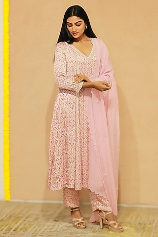 Pink Modal Satin Pearl Hand Embroidered A-Line Kurta Set by KANIKA VERMA
