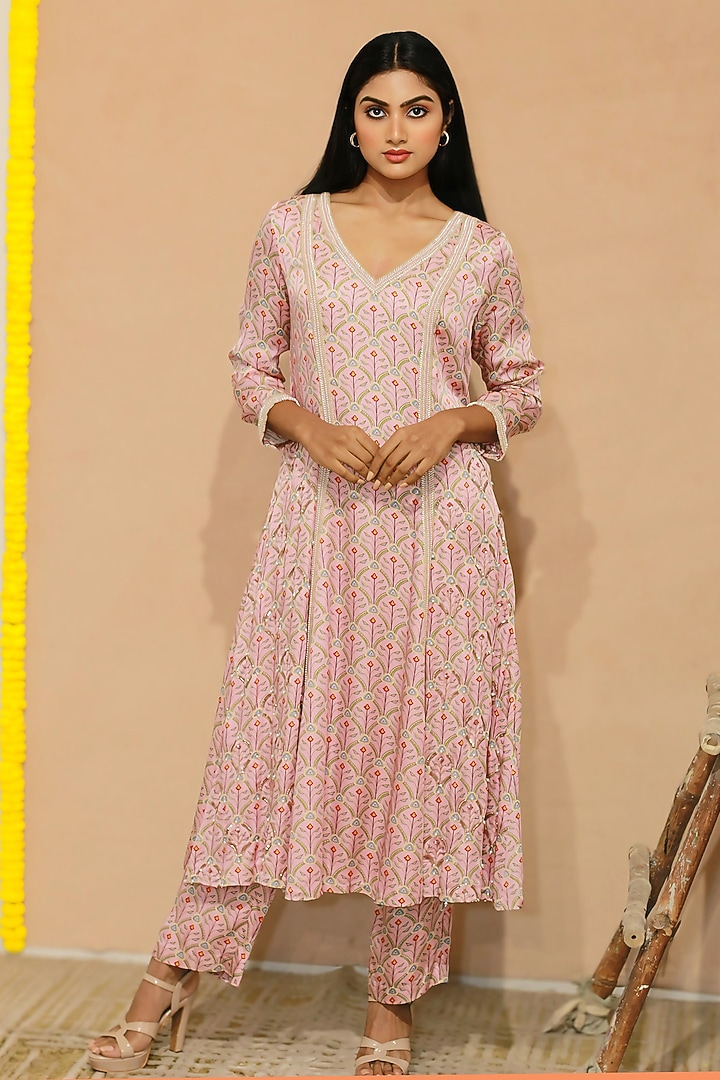 Pink Modal Satin Pearl Hand Embroidered A-Line Kurta Set by KANIKA VERMA at Pernia's Pop Up Shop