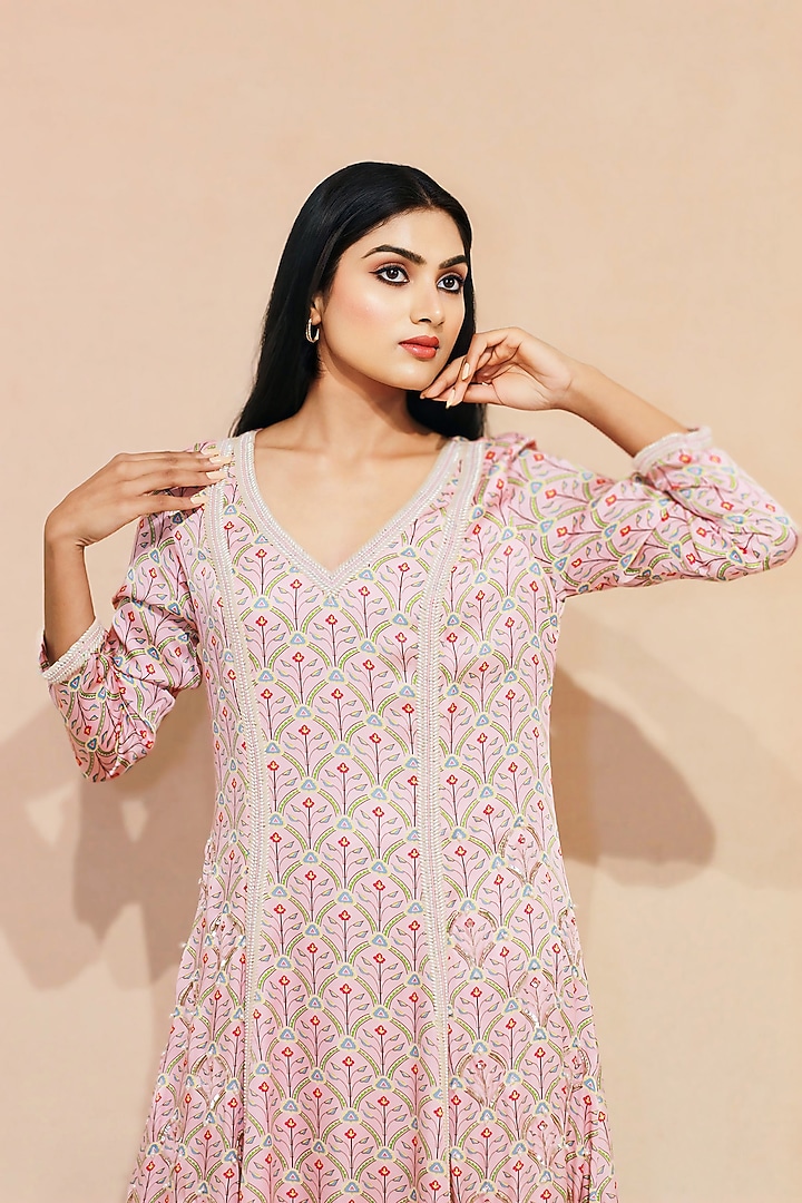 Pink Modal Satin Pearl Hand Embroidered A-Line Kurta Set by KANIKA VERMA at Pernia's Pop Up Shop