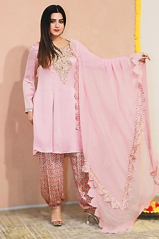 Pink Modal Satin Sequins Hand Embroidered Kurta Set by KANIKA VERMA
