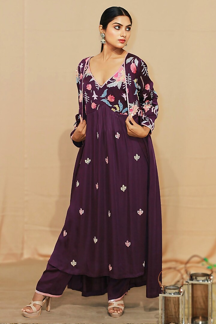 Purple Modal Satin Sequin Hand Embroidered Kurta Set by KANIKA VERMA at Pernia's Pop Up Shop