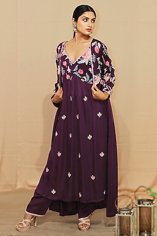 Purple Modal Satin Sequin Hand Embroidered Kurta Set by KANIKA VERMA