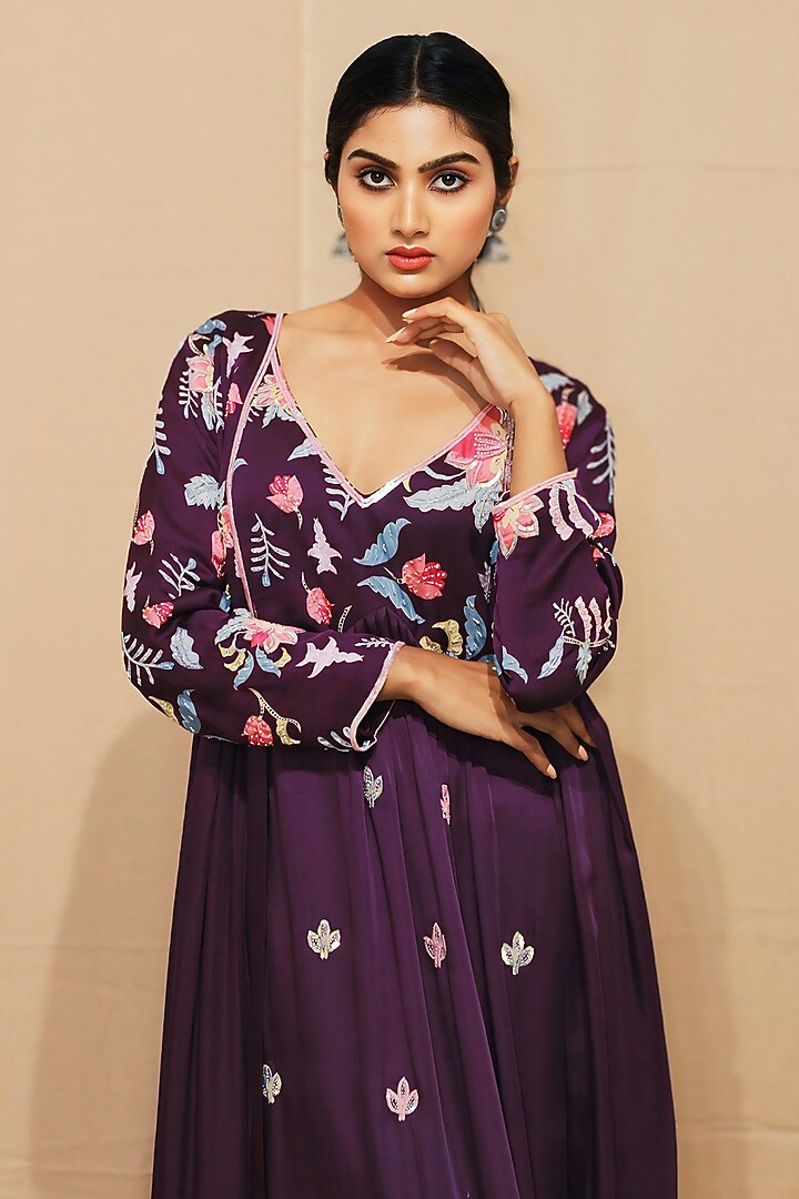 Purple Modal Satin Sequin Hand Embroidered Kurta Set by KANIKA VERMA at Pernia's Pop Up Shop