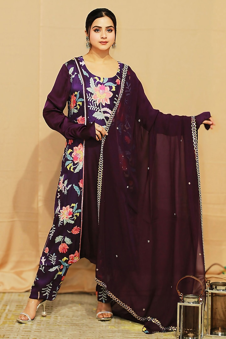 Purple Satin Digital Printed Kurta Set by KANIKA VERMA at Pernia's Pop Up Shop