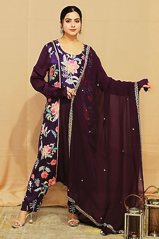Purple Satin Digital Printed Kurta Set by KANIKA VERMA
