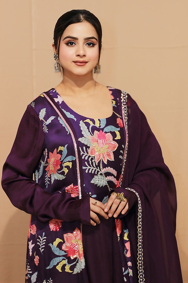 Purple Satin Digital Printed Kurta Set by KANIKA VERMA at Pernia's Pop Up Shop