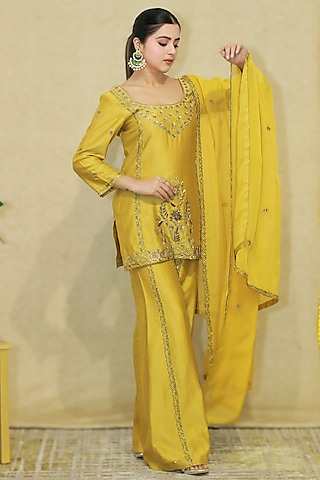 Olive Green Chanderi Hand Embroidered Sharara Set by KANIKA VERMA