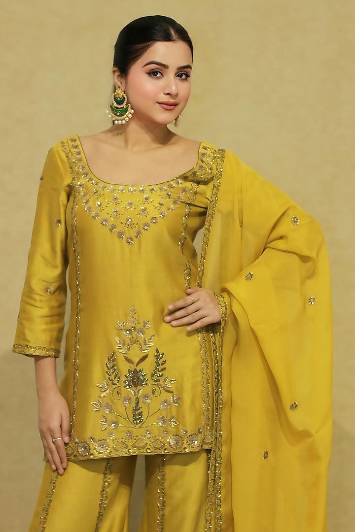 Olive Green Chanderi Hand Embroidered Wedding Sharara Set by KANIKA VERMA at Pernia's Pop Up Shop