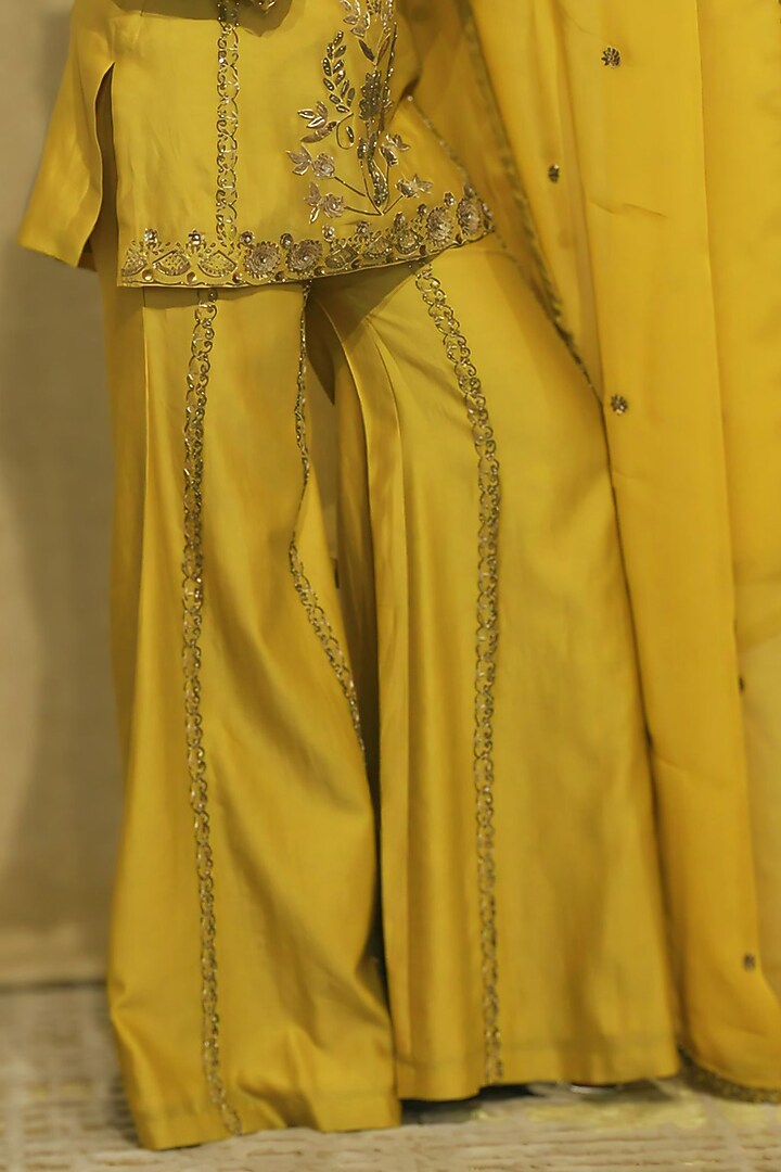 Olive Green Chanderi Hand Embroidered Wedding Sharara Set by KANIKA VERMA at Pernia's Pop Up Shop