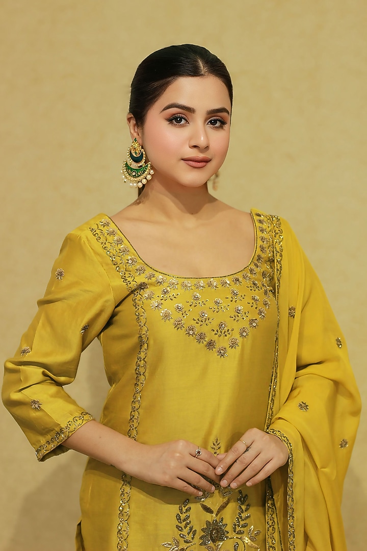 Olive Green Chanderi Hand Embroidered Wedding Sharara Set by KANIKA VERMA at Pernia's Pop Up Shop