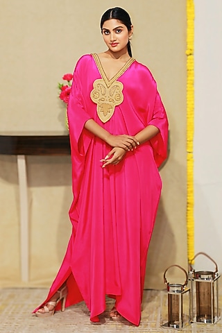 Hot Pink Bemberg Crepe Zardosi Embroidered Kaftan by KANIKA VERMA