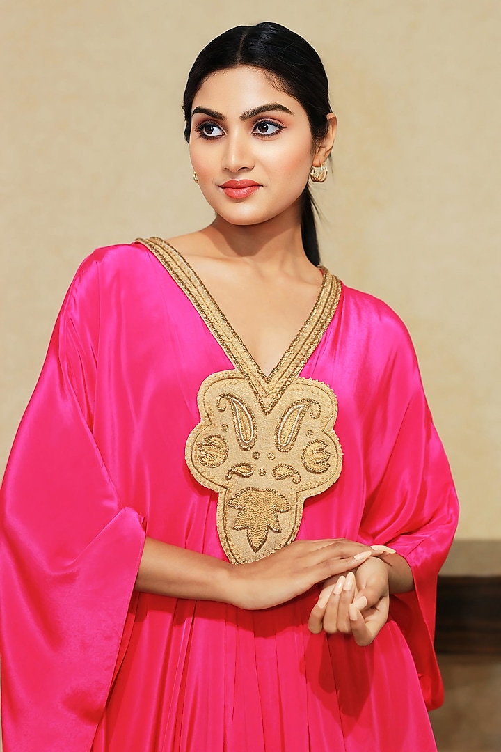 Hot Pink Bemberg Crepe Zardosi Embroidered Kaftan by KANIKA VERMA at Pernia's Pop Up Shop