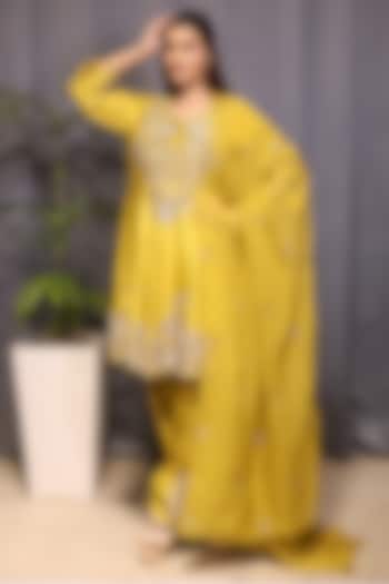 Olive Green Chanderi Pearl Hand Embroidered Short Wedding Anarkali Set by KANIKA VERMA at Pernia's Pop Up Shop