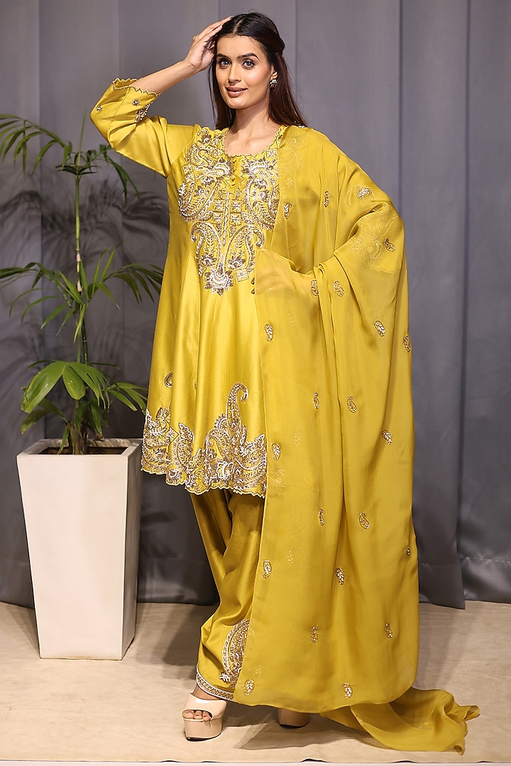 Olive Green Chanderi Pearl Hand Embroidered Short Wedding Anarkali Set by KANIKA VERMA at Pernia's Pop Up Shop