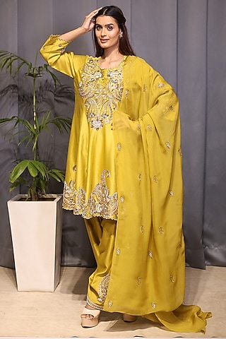 Olive Green Chanderi Pearl Hand Embroidered Short Anarkali Set by KANIKA VERMA
