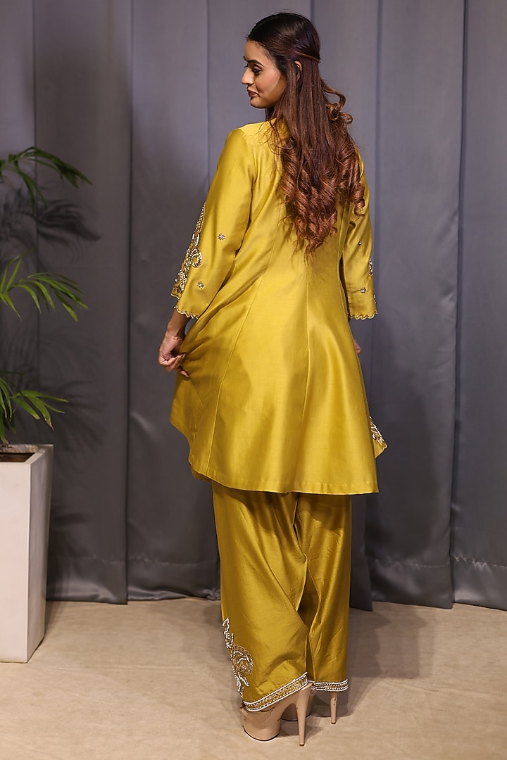 Olive Green Chanderi Pearl Hand Embroidered Short Wedding Anarkali Set by KANIKA VERMA at Pernia's Pop Up Shop