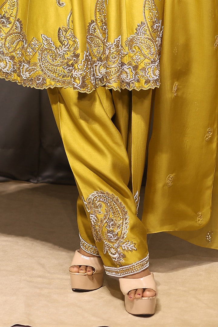 Olive Green Chanderi Pearl Hand Embroidered Short Wedding Anarkali Set by KANIKA VERMA at Pernia's Pop Up Shop