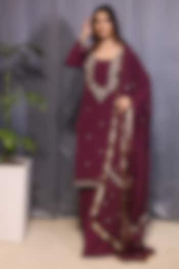 Wine Crepe Dabka Embroidered Straight Kurta Set by KANIKA VERMA at Pernia's Pop Up Shop