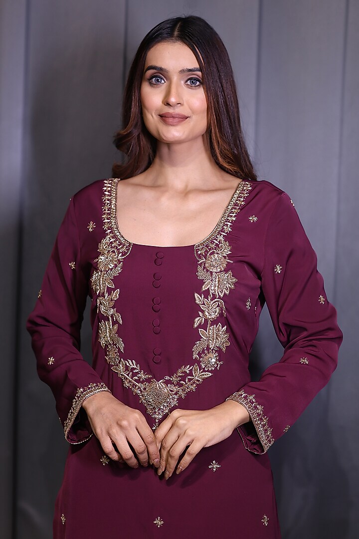 Wine Crepe Dabka Embroidered Straight Kurta Set by KANIKA VERMA at Pernia's Pop Up Shop