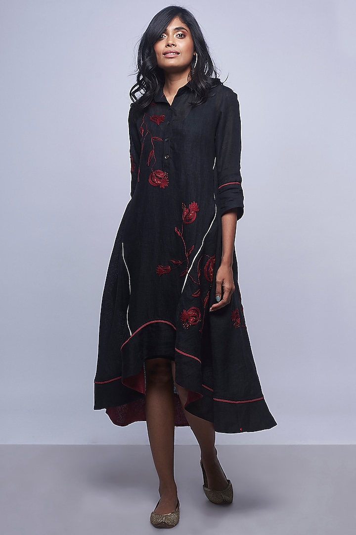 Black Embroidered Linen Dress by Kaveri