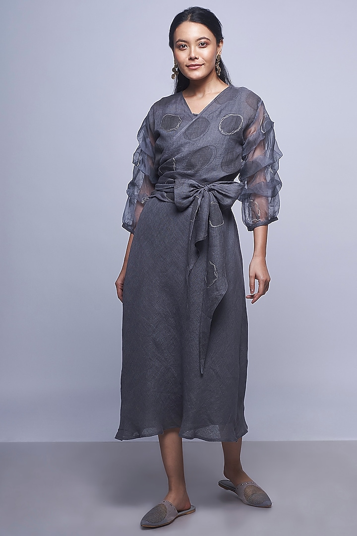 Grey Knee Length Summer Dress With Flamenco Jacket by Kaveri at Pernia's Pop Up Shop