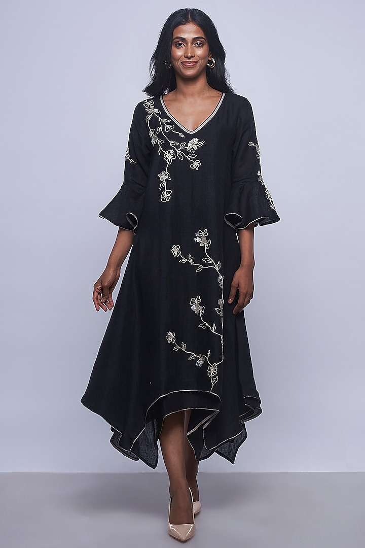 Black Floral Embroidered Dress by Kaveri