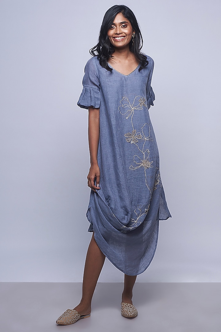 Blue Floral Embroidered Cowl Summer Dress by Kaveri at Pernia's Pop Up Shop