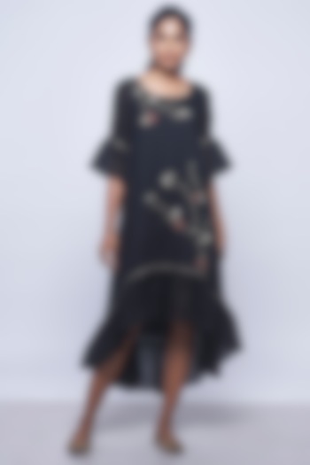Black Embroidered Frilled Dress by Kaveri