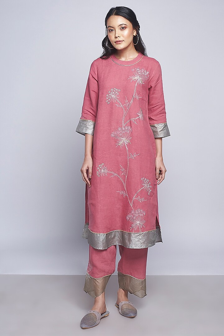 Pink Printed & Embroidered Tunic by Kaveri