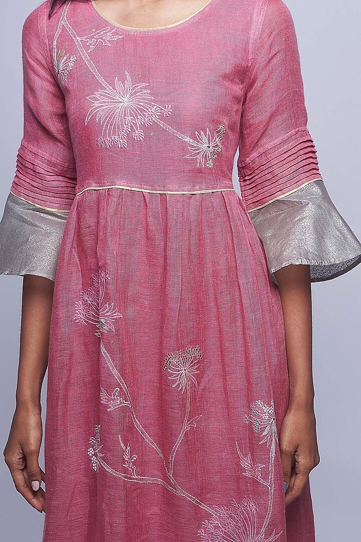 Pink Embroidered Round Neck Dress by Kaveri at Pernia's Pop Up Shop 2026