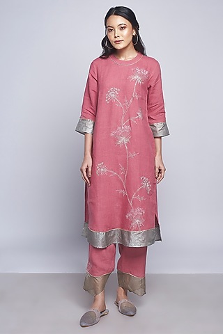 Pink Embroidered Straight Pants by Kaveri