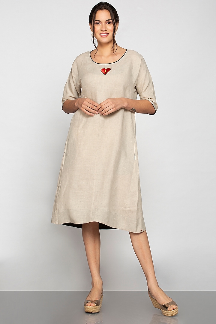Beige Applique Embroidered Dress by Kaveri