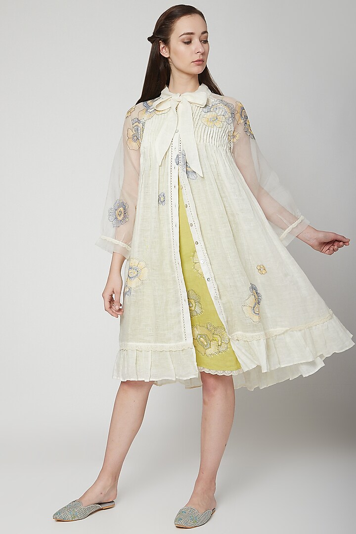Off White Embroidered Jacket With Dress by Kaveri