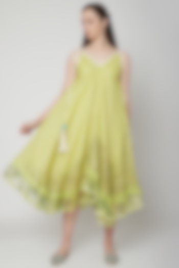 Green Printed Dress With Tassels by Kaveri