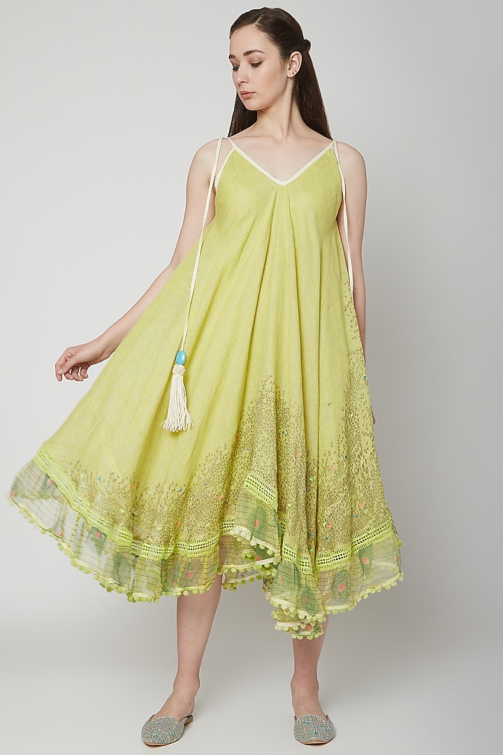 Green Printed Dress With Tassels by Kaveri