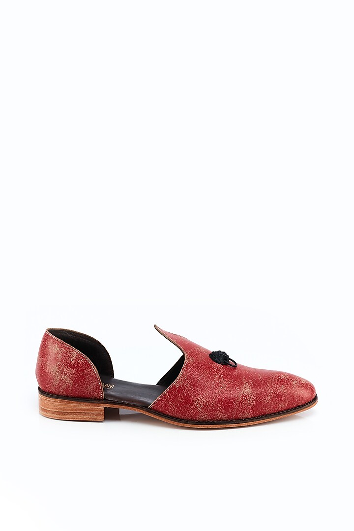 Red Distressed Leather Juttis by Kavith
